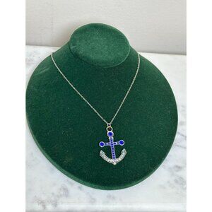 Blue Rhinestone Anchor Pendant Necklace Silver Tone Nautical Coastal Jewelry